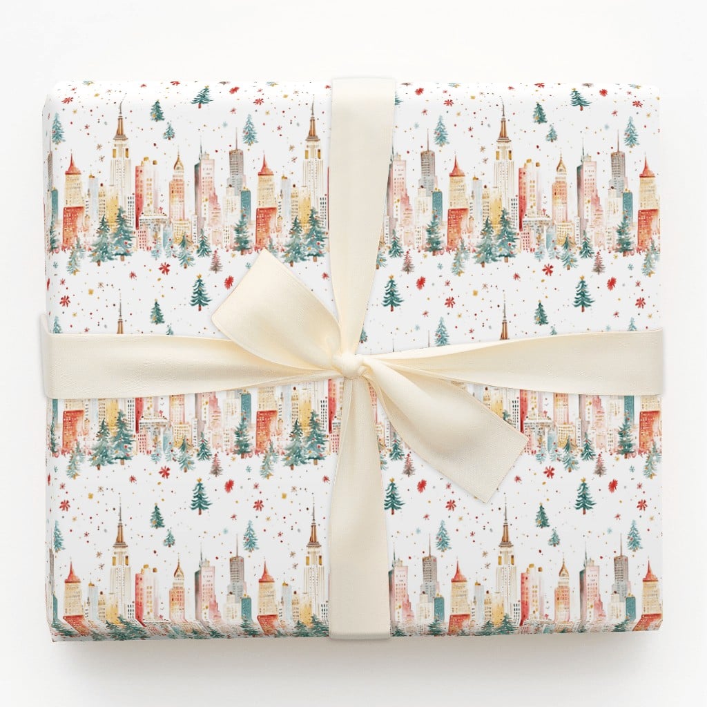 New York Holiday Gift Wrap, NYC Skyline Christmas Wrapping Paper, Watercolor Cityscape Wrapping Paper, Festive Winter Present