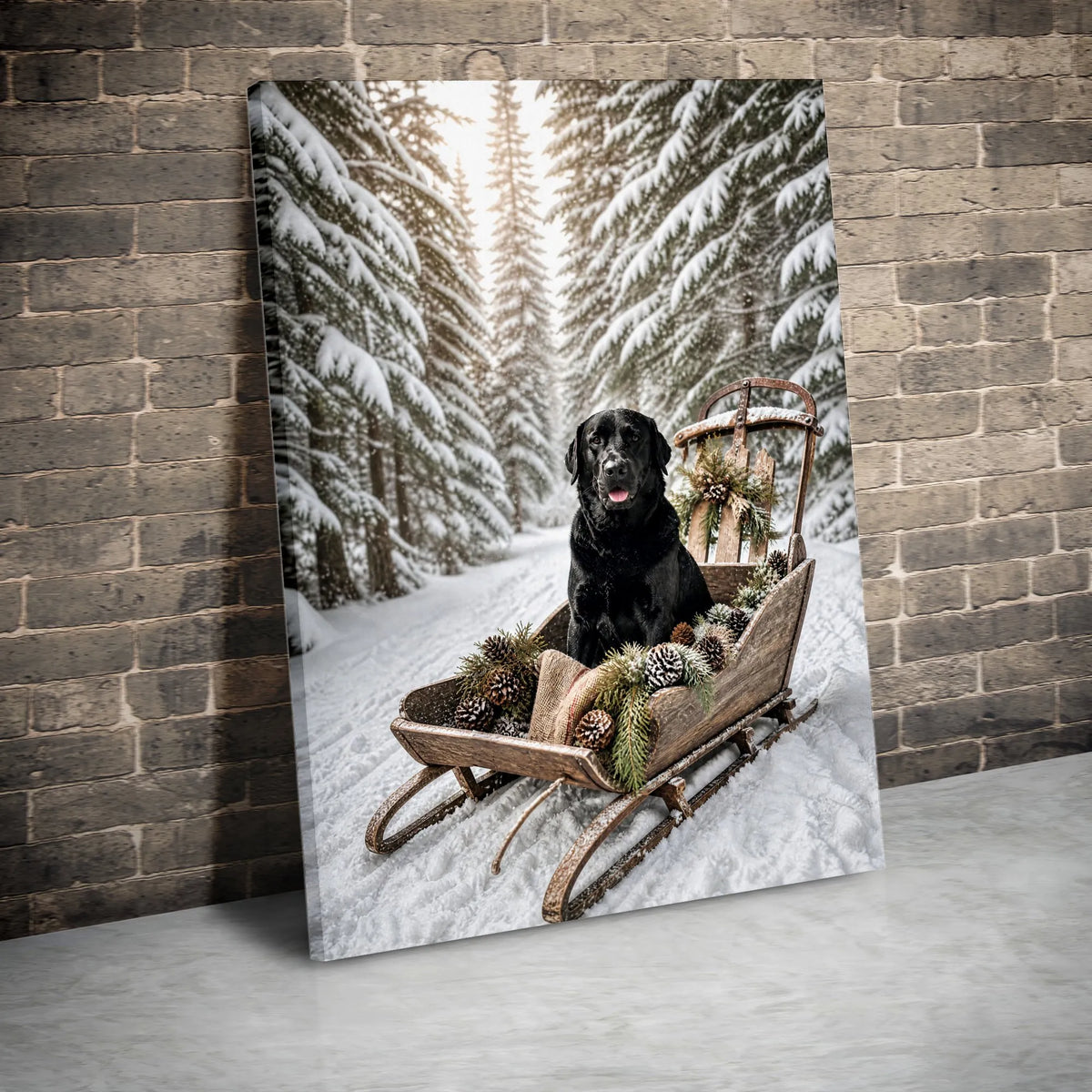 Snowy Forest Dog Portrait Print, Black Lab Winter Sled Canvas, Rustic Holiday Wall Canvas, Christmas Labrador Canvas Art, Dog