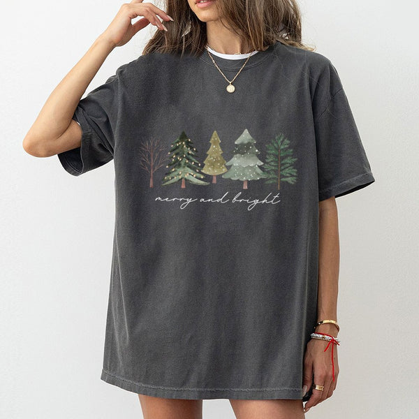 Watercolor Christmas Tree Shirt, Merry and Bright Christmas Tree T-Shirt, Festive Pine Forest Graphic Tee, Botanical Christma