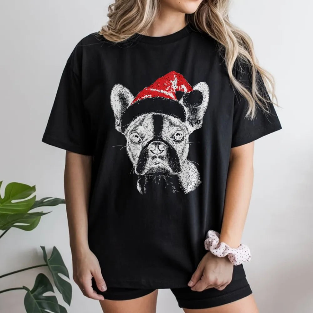 Santa Hat Frenchie Shirt, Boston Terrier Christmas T-Shirt, Adorable Holiday Dog Graphic Tee, Festive Puppy T-Shirt, Xmas Pre