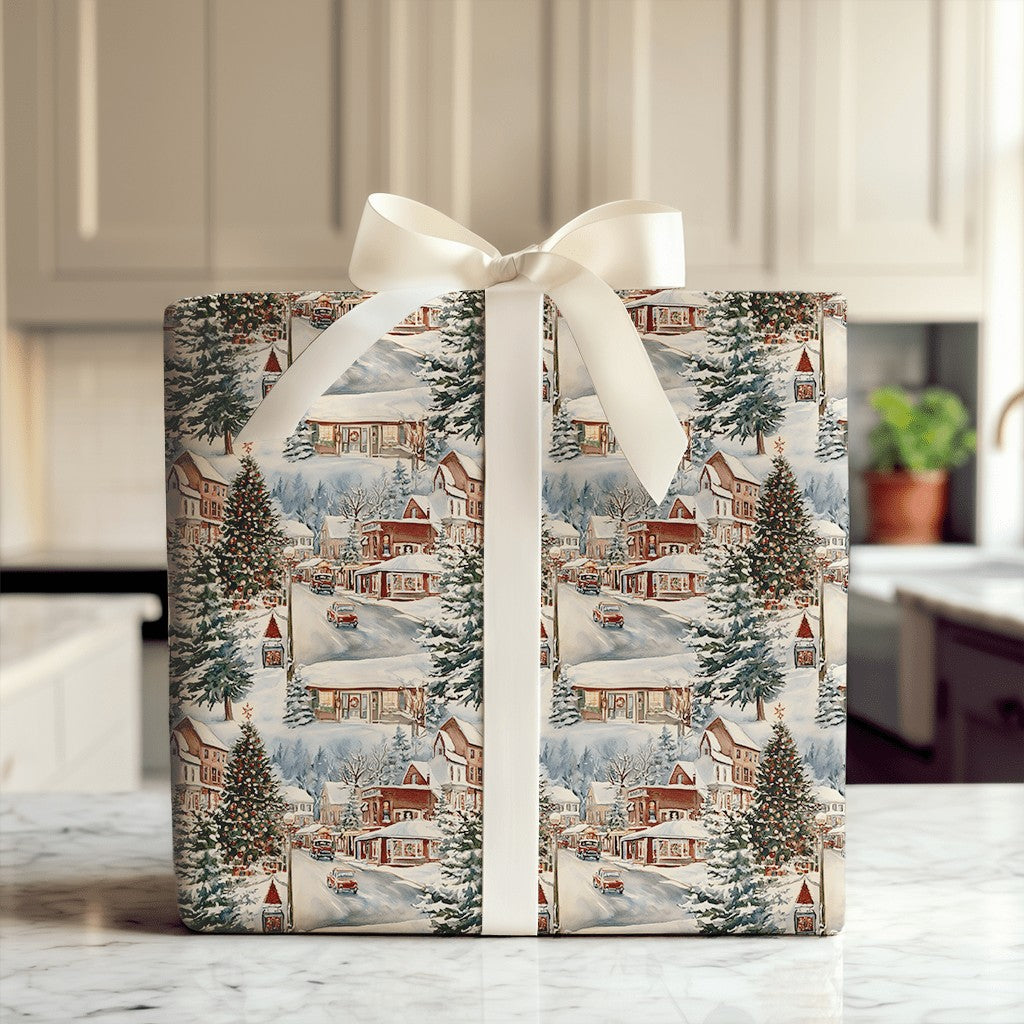 Snowy Town Storefronts Holiday Gift Wrap, Vintage Christmas Village Wrapping Paper, Nostalgic Xmas Wrapping Paper, Festive Wi