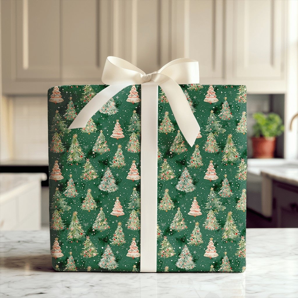 Forest Tree Holiday Gift Wrap, Watercolor Christmas Tree Wrapping Paper, Snowy Winter Wrapping Paper, Festive Xmas Gift Wrap 