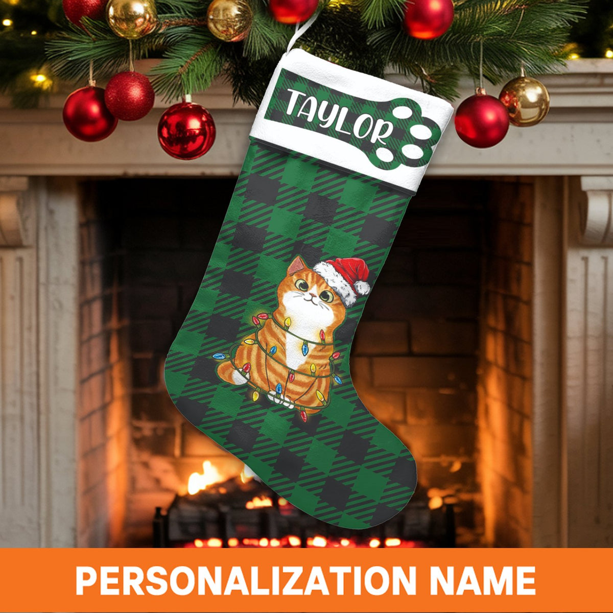 Ginger Kitty Santa Hat Stocking, Personalized Cat Christmas Stocking, Custom Holiday Christmas Stocking, Xmas Decor Present f