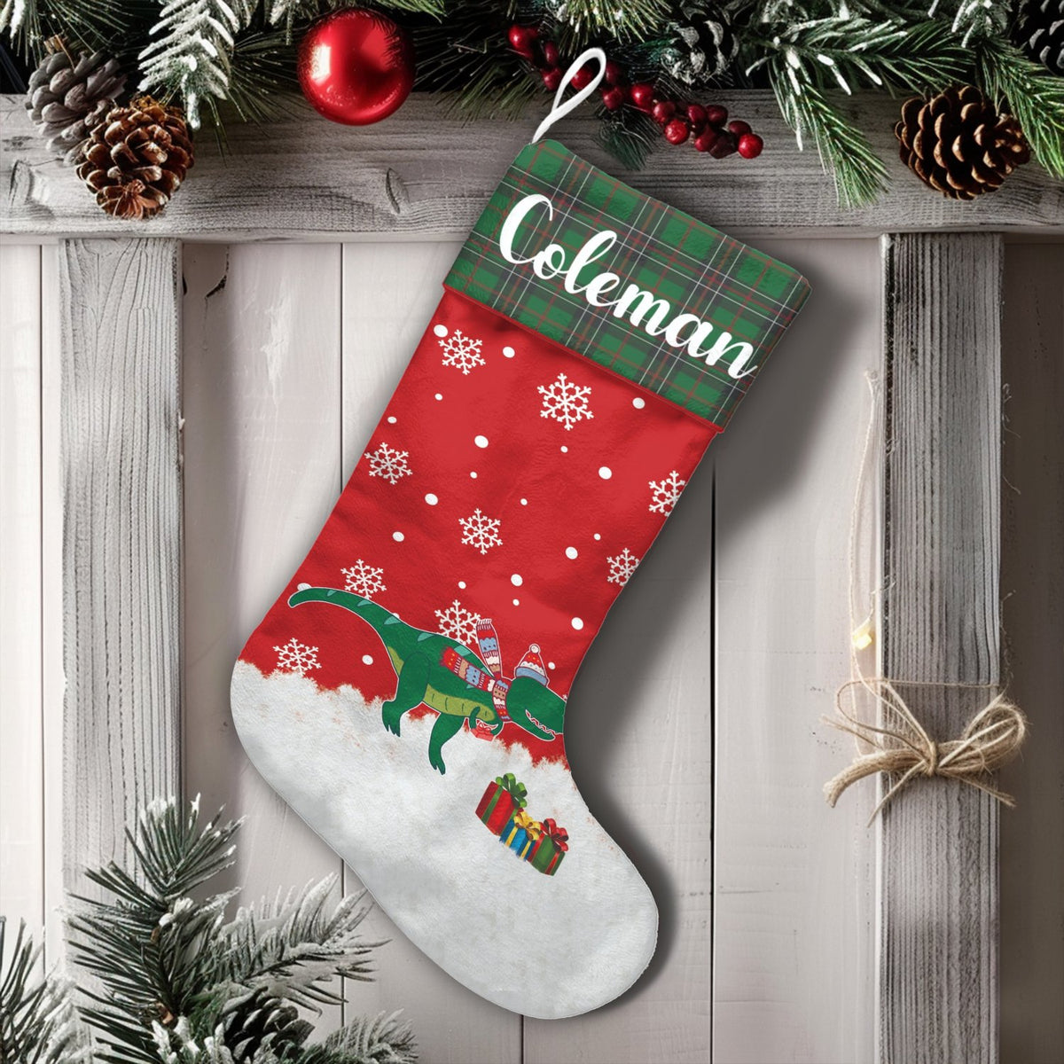 Red T-Rex Holiday Stocking, Personalized Dinosaur Christmas Stocking, Custom Name Dino Xmas Stocking, Adorable Kids Fireplace