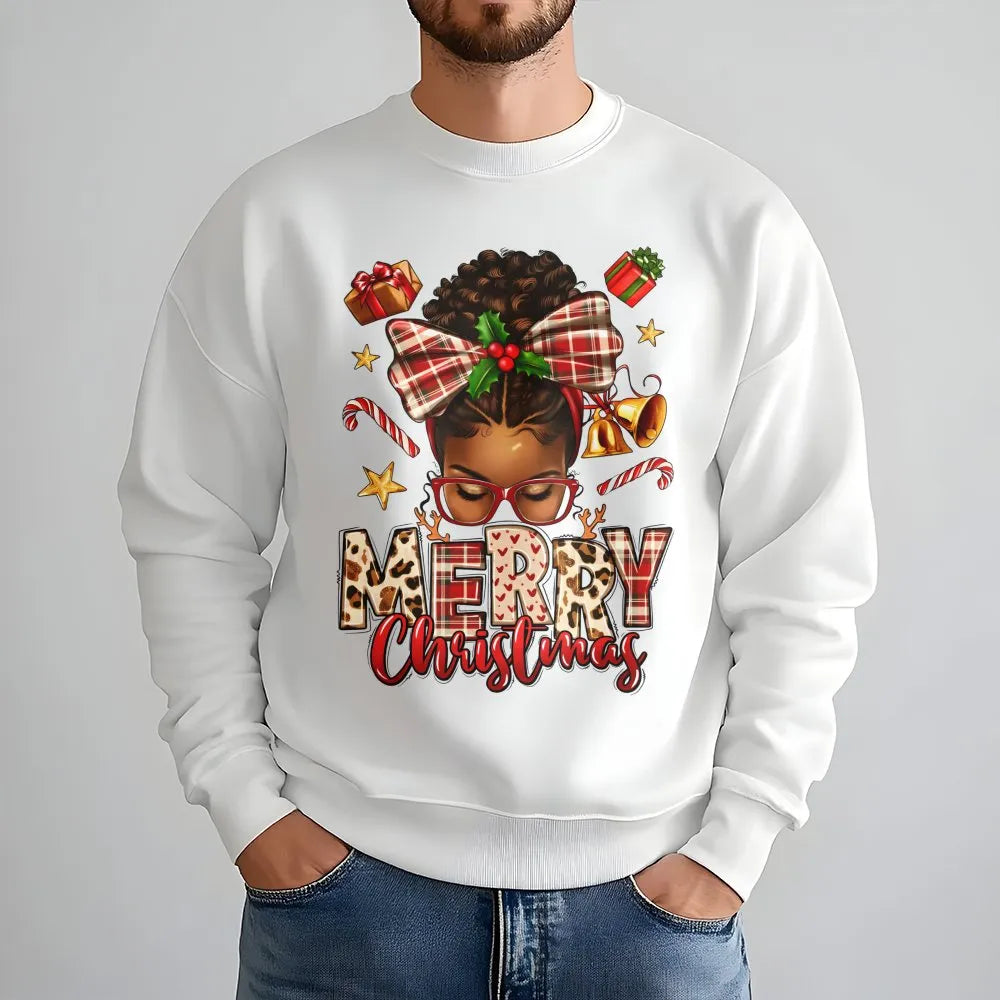 African American Holiday Sweatshirt, Afrocentric Merry Christmas Sweatshirt, Melanin Queen Plaid Bow Sweater, Black Woman Xma