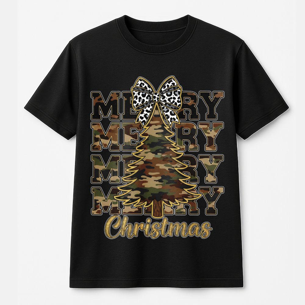 Leopard Bow Holiday Tree Graphic Shirt, Camo Merry Christmas T-Shirt, Rustic Western Xmas Tee, Southern Winter Holiday Shirt 
