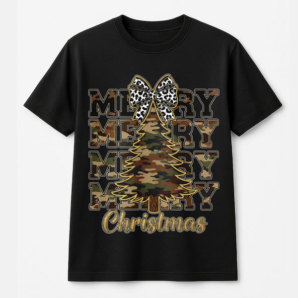 Leopard Bow Holiday Tree Graphic Shirt, Camo Merry Christmas T-Shirt, Rustic Western Xmas Tee, Southern Winter Holiday Shirt 