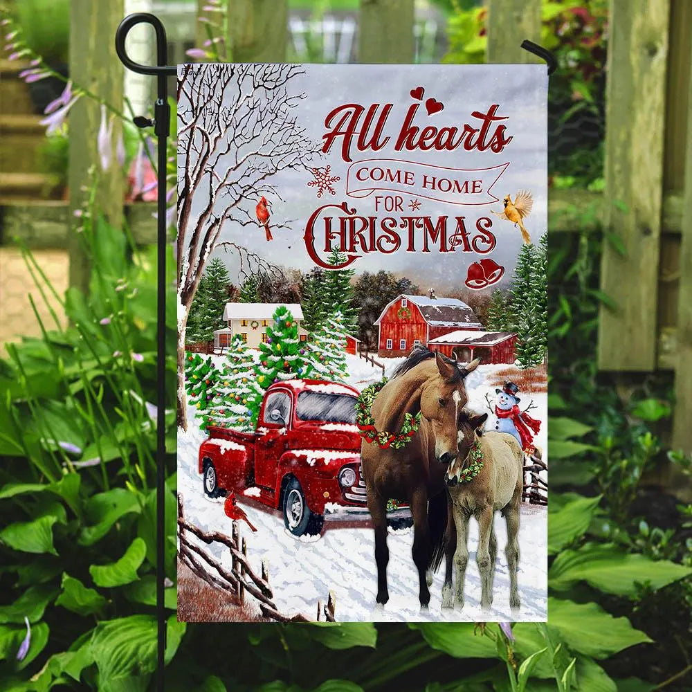 Red Truck Winter Horse Yard Flag, All Hearts Come Home for Christmas Garden Flag, Double-Sided Holiday Farmhouse Lawn Flag, X