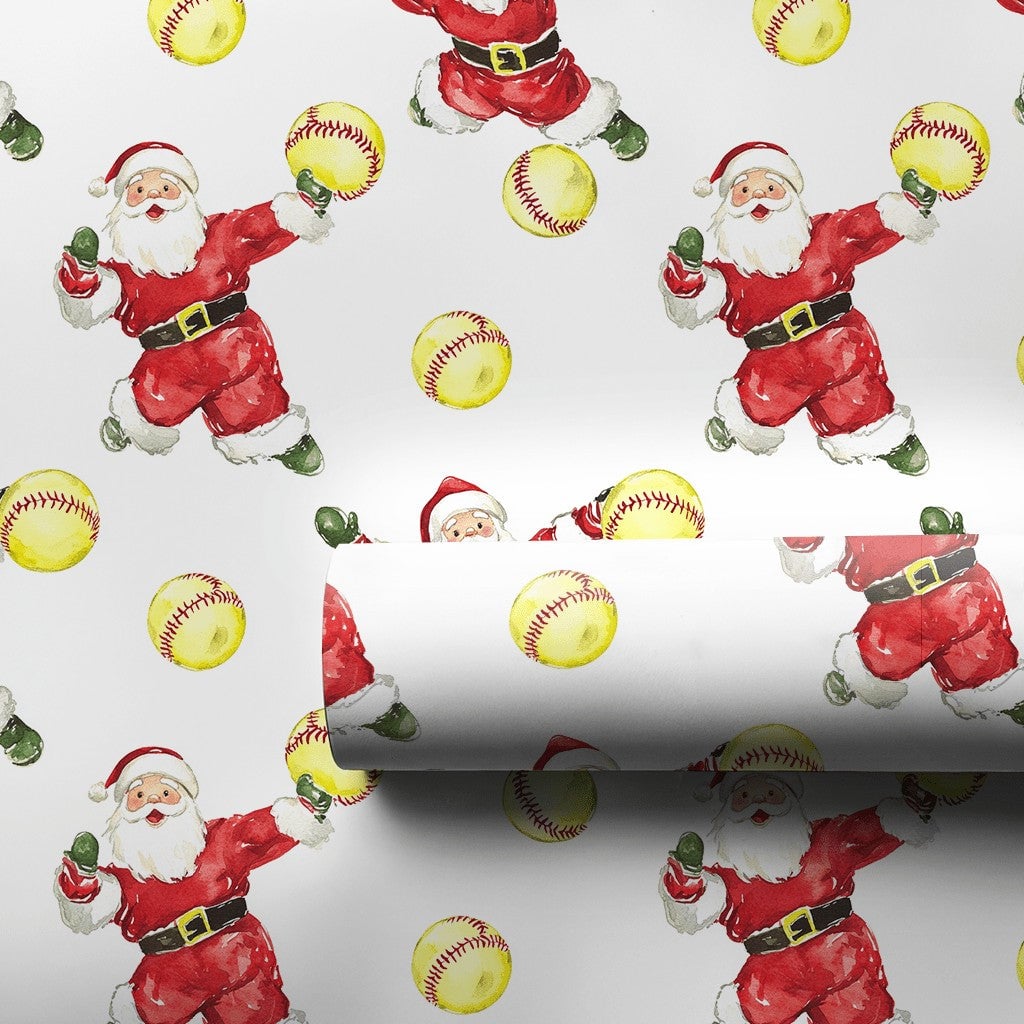 Sports Santa Holiday Gift Wrap Roll, Pitching Santa Softball Christmas Wrapping Paper, Fastpitch Present Paper, Athlete Gift 