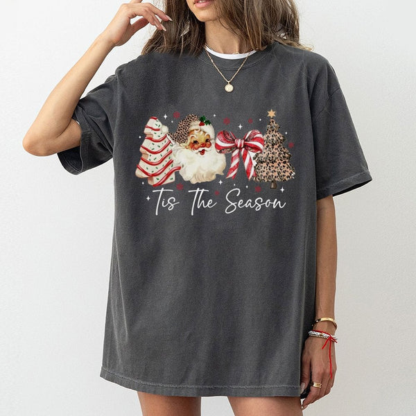 Coquette Bow Holiday Graphic Tee, Retro Santa Leopard Print Christmas Tree T-Shirt, Trendy Western Xmas Shirt, Adorable Festi
