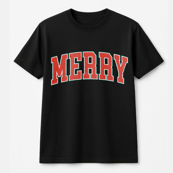 Retro Merry Christmas T-Shirt, Varsity Merry Christmas Shirt, Vintage Holiday Graphic Tee, Festive Christmas Crewneck Tee, Xm