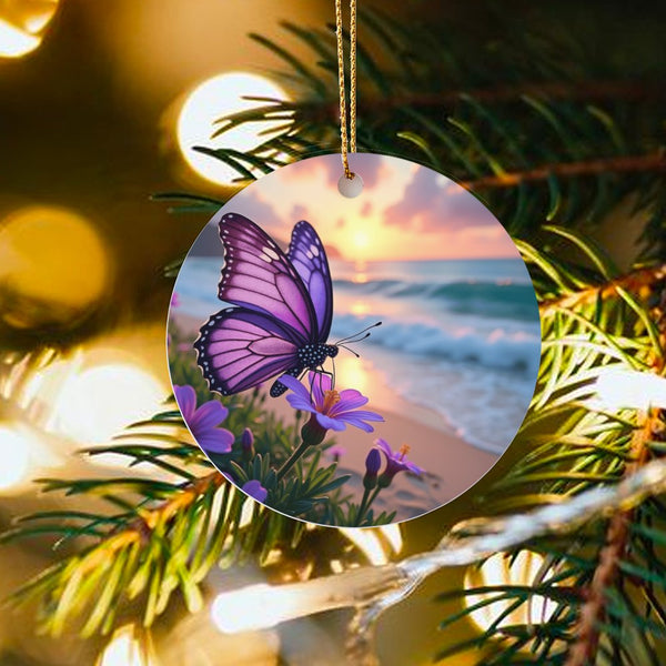 Sunset Beach Floral Tree Ornament, Purple Butterfly Ceramic Ornament, Nature Lover Christmas Ornament, Scenic Art Keepsake De