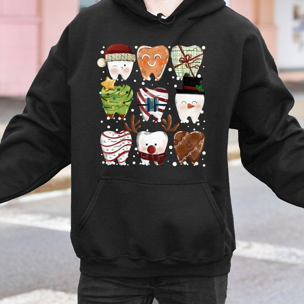 Humorous Holiday Teeth Graphic Hooded Sweatshirt, Christmas Dental Hoodie, Adorable Dentist Pullover, Dental Assistant Hygien