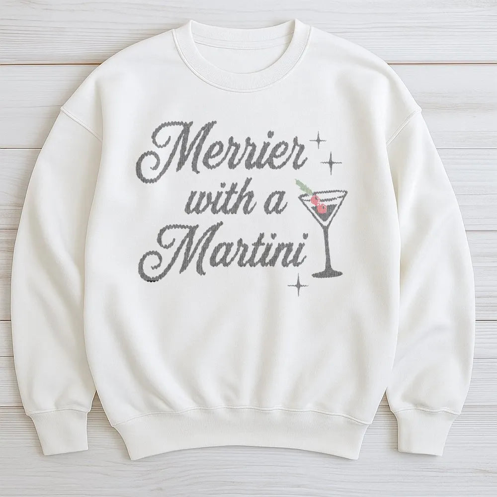 Festive Cocktail Graphic Crewneck, Merrier with A Martini Christmas Sweatshirt, Holiday Bar Drinking Pullover, Party Present 