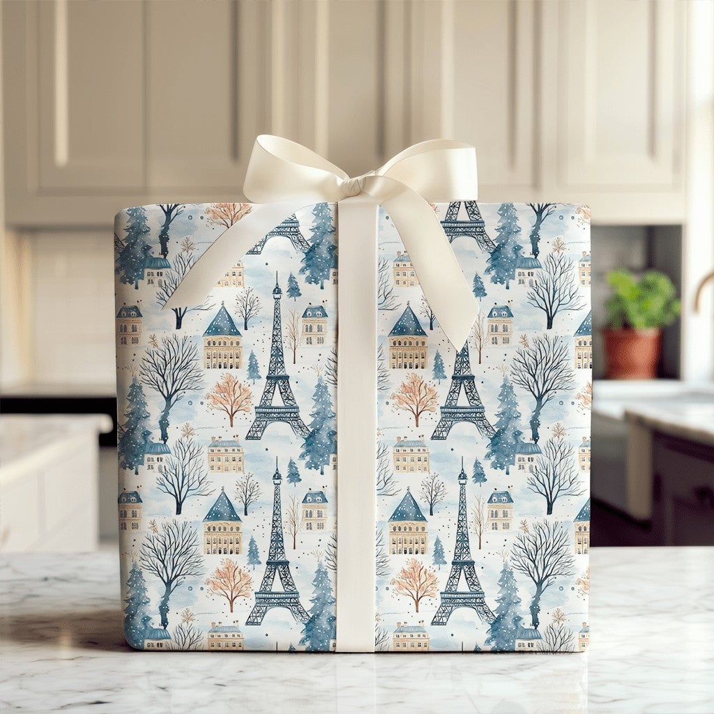 Snowy Eiffel Tower Gift Wrap, Paris Winter Wrapping Paper, French Cityscape Present Paper, Paris France Christmas Holiday Wra