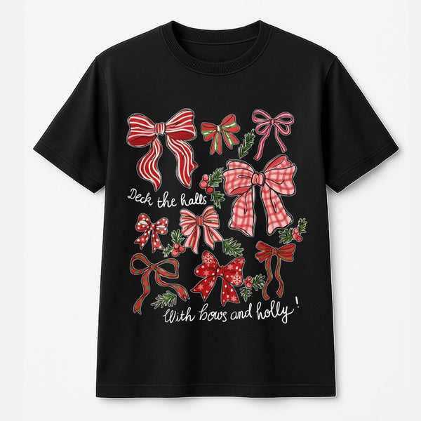 Festive Holly Pattern Graphic Tee, Christmas Bows T-Shirt, Adorable Coquette Xmas Shirt, Retro Holiday Aesthetic Top, Present