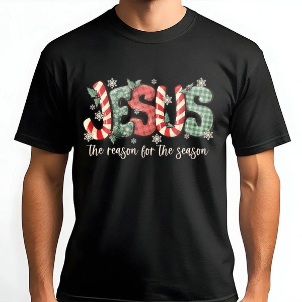 Plaid Candy Cane Christmas Shirt, Jesus the Reason for the Season T-Shirt, Christian Holiday Graphic Tee, Religious Faith Xma