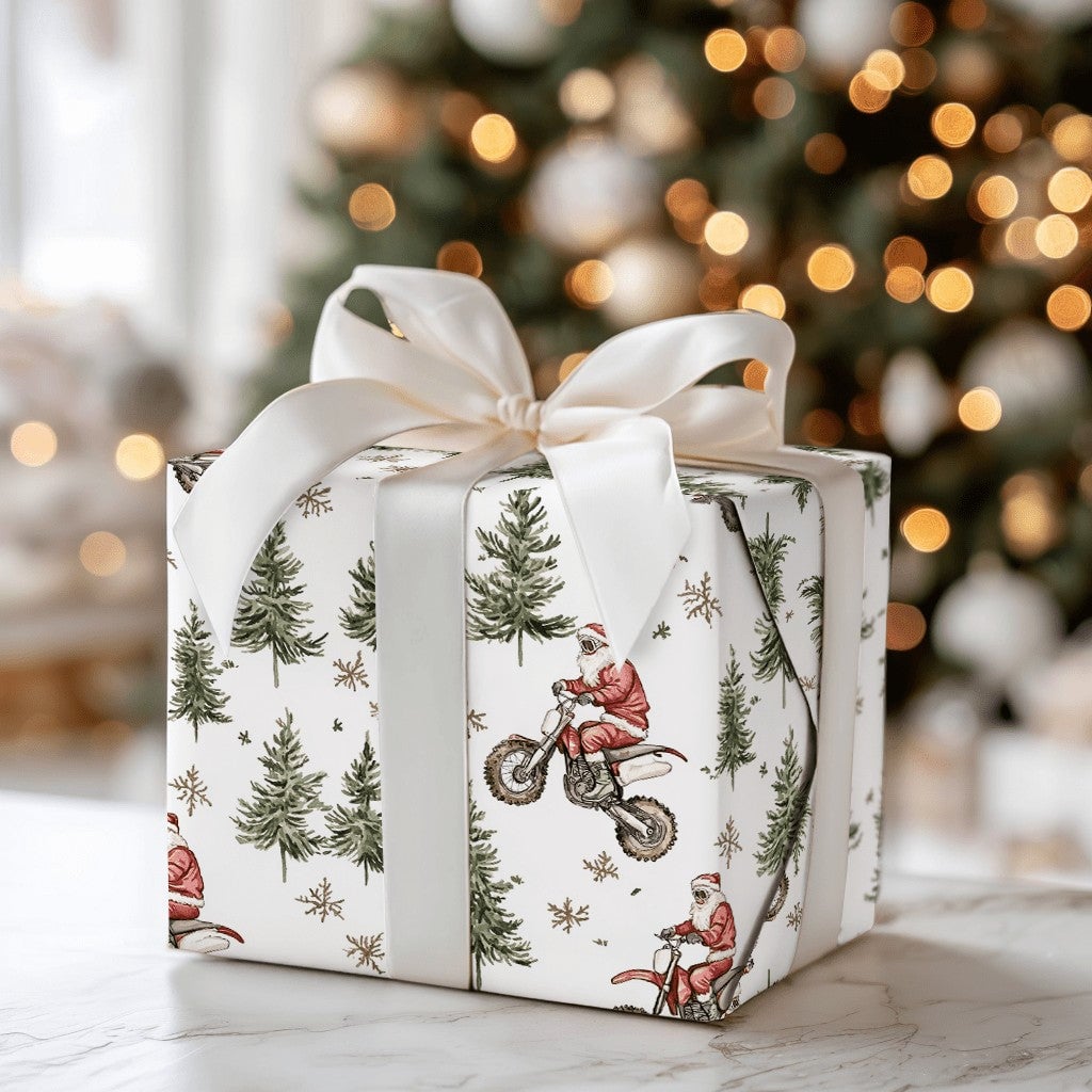 Dirt Bike Santa Gift Wrap, Motocross Santa Wrapping Paper, Motorcycle Christmas Wrapping Paper, Biker Holiday Gift Wrap, Moto