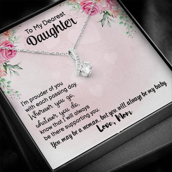 Sparkling Ribbon Pendant Necklace, Daughter Necklace Present from Mom, 14k White Gold Ribbon Pendant, Meaningful Birthday Chr
