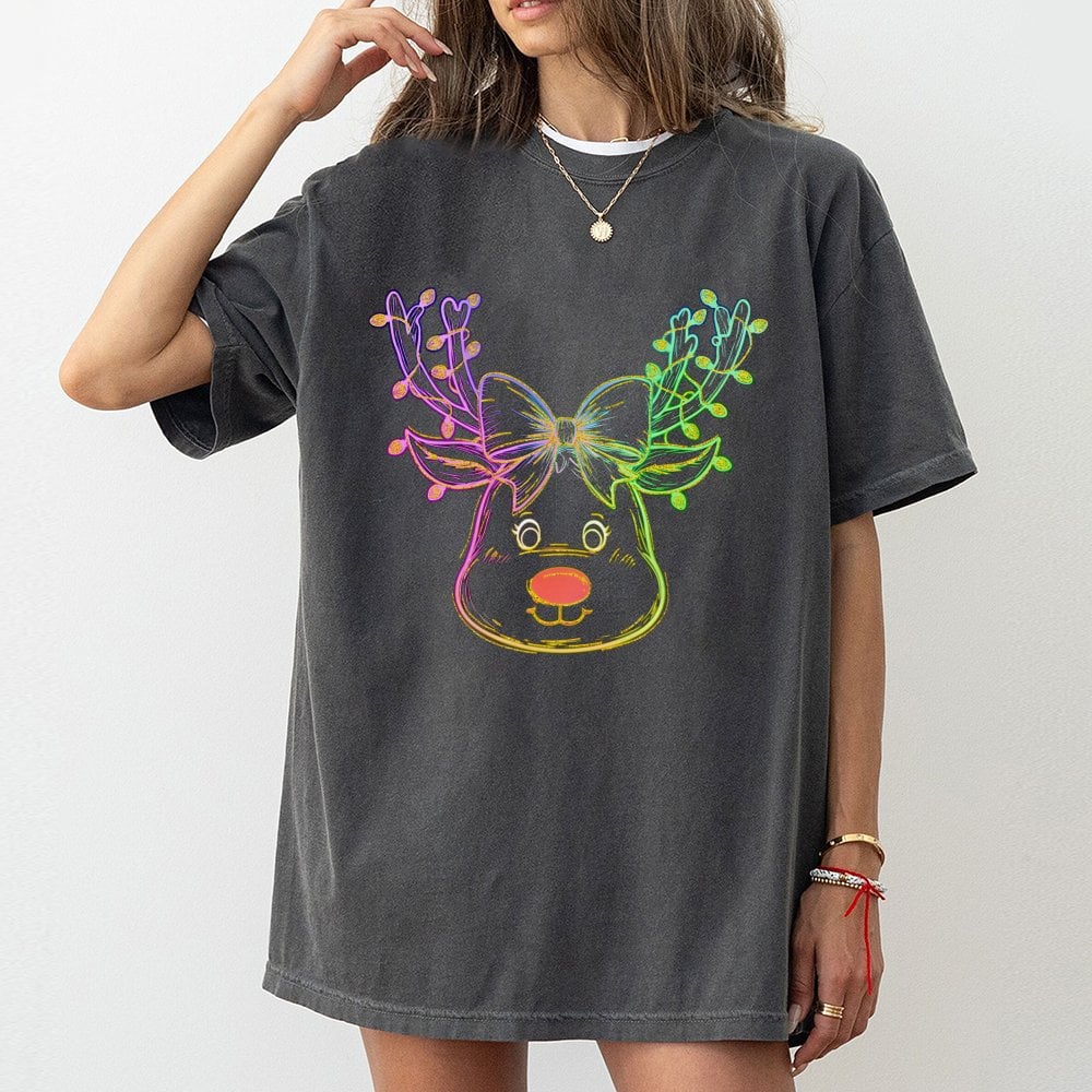 Coquette Bow Holiday T-Shirt, Neon Reindeer Christmas T-Shirt, Retro Adorable Deer Graphic Tee, Festive Girly Winter Top, Xma