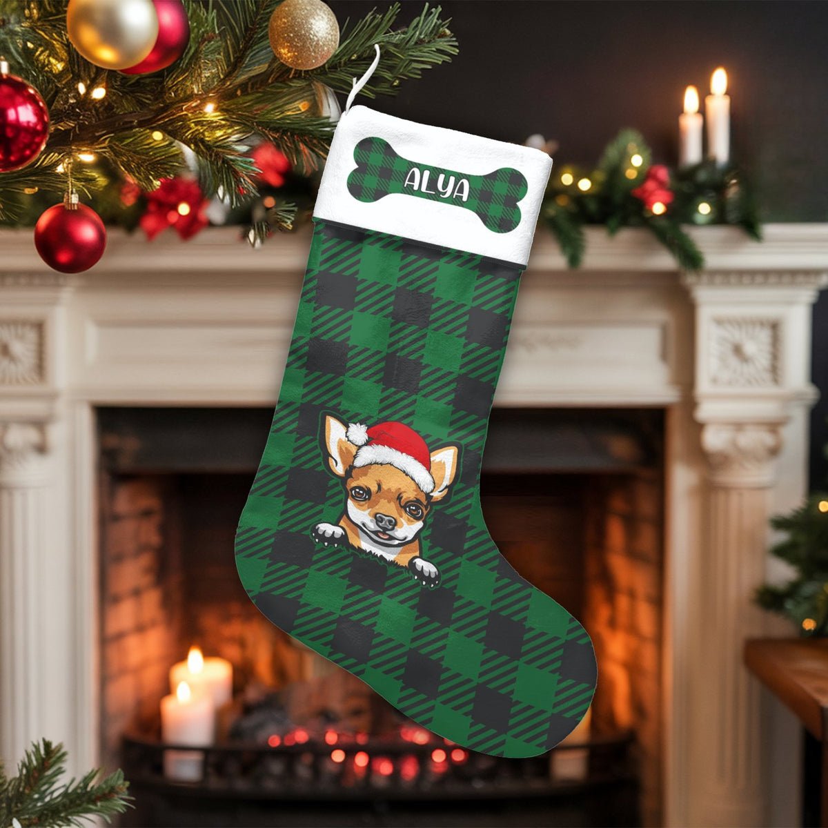 Personalized Dog Christmas Stocking, Chihuahua Christmas Stocking, Green Buffalo Plaid Pet Stocking, Custom Puppy Holiday Dec
