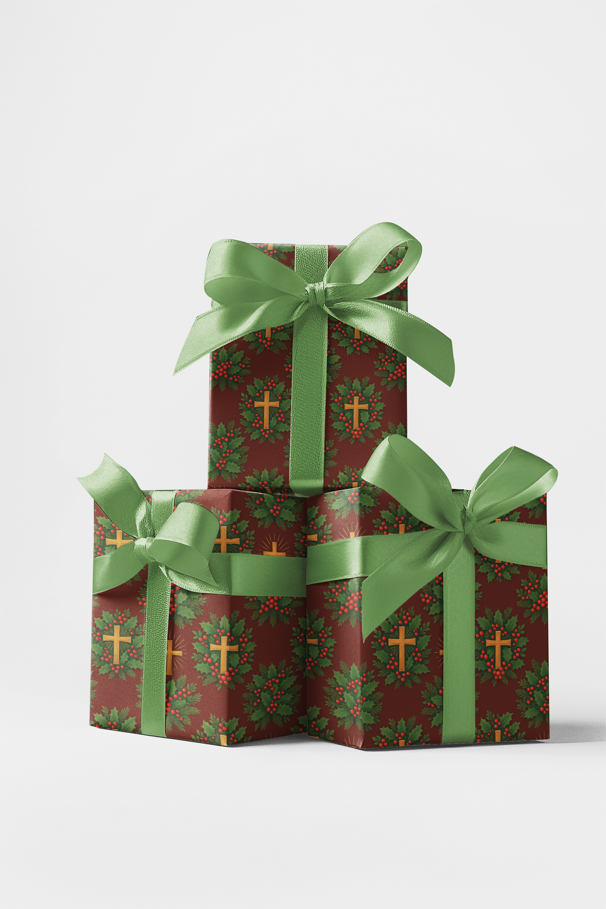 Holly Berry Christmas Gift Wrap, Gold Cross Wrapping Paper, Religious Christmas Wrapping Paper, Christian Holiday Gift Wrap P
