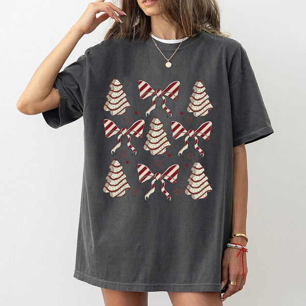 Retro Coquette Bow Graphic Tee, Christmas Tree Cake T-Shirt, Adorable Holiday Tree Cake Shirt, Vintage Pastel Xmas Snack Tee,