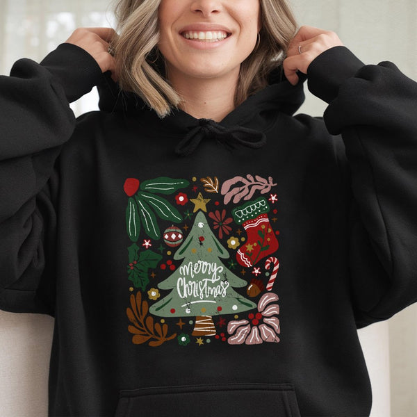 Botanical Christmas Tree Graphic Pullover, Merry Christmas Tree Hoodie, Comfy Winter Holiday Hooded Sweatshirt, Festive Xmas 