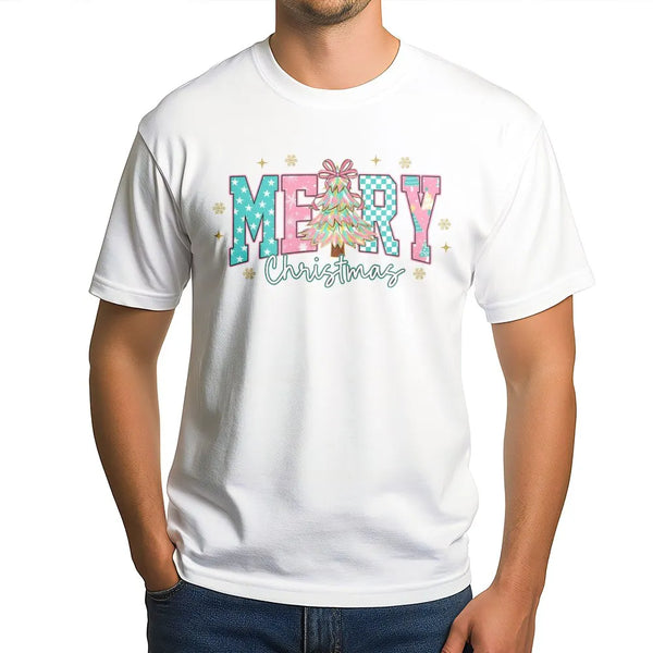 Coquette Aesthetic Pink Tree Shirt, Merry Christmas T-Shirt, Checkered Holiday Bow Tee, Adorable Festive Xmas Graphic T-Shirt