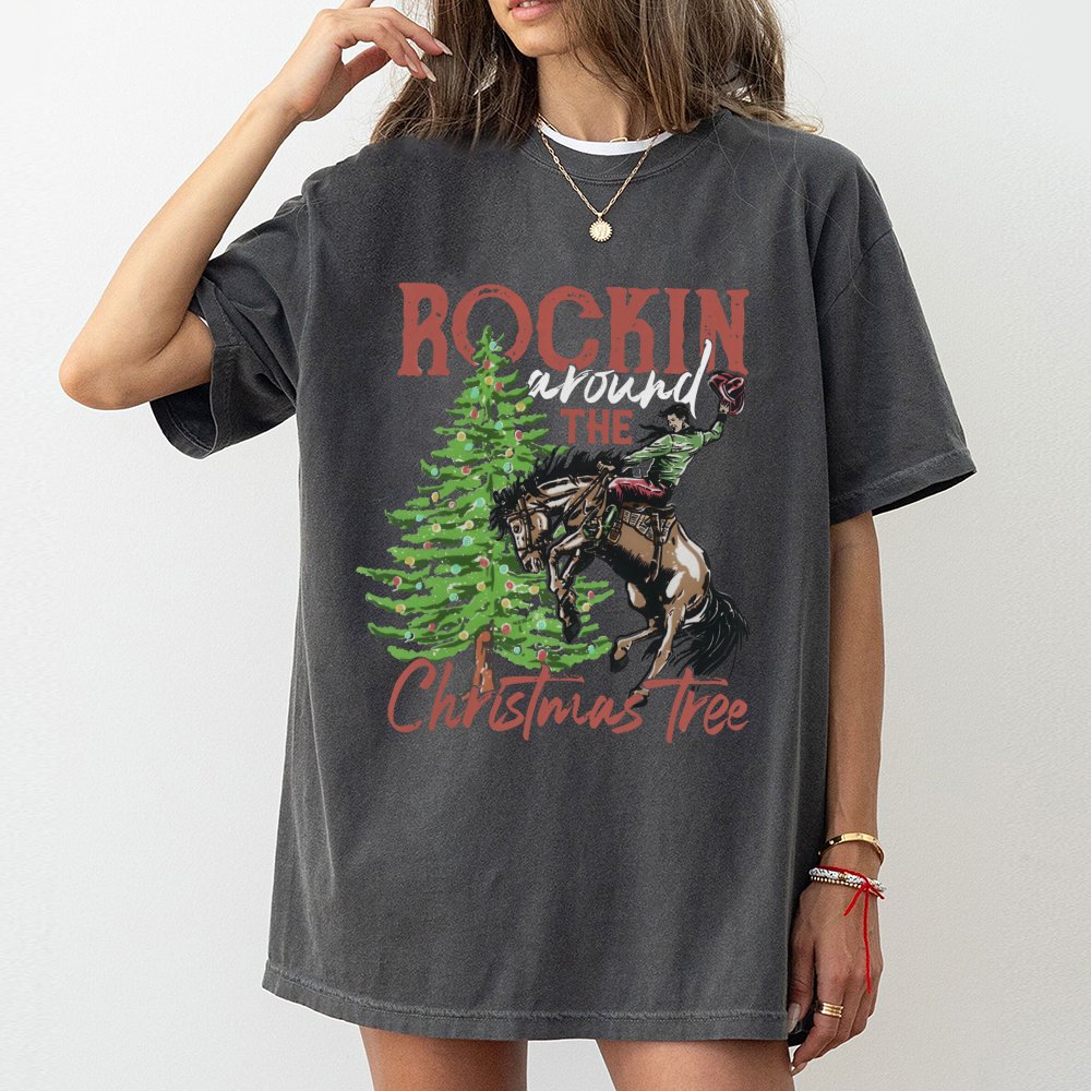 Western Cowboy Christmas T-Shirt, Rocking Horse Christmas Tree Shirt, Ranch Holiday Graphic Tee, Country Christmas Shirt, Hor