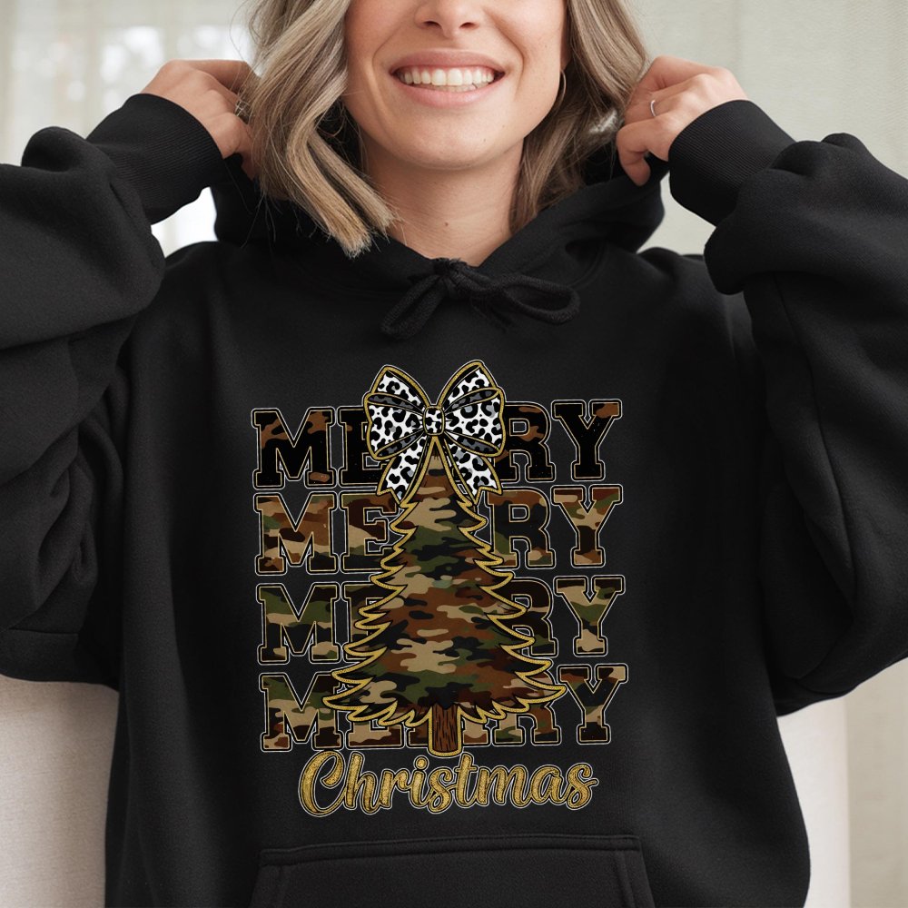 Leopard Bow Holiday Sweatshirt, Camo Christmas Tree Hoodie, Country Xmas Graphic Pullover, Merry Festive Hooded Sweater, Wint