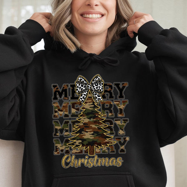 Leopard Bow Holiday Sweatshirt, Camo Christmas Tree Hoodie, Country Xmas Graphic Pullover, Merry Festive Hooded Sweater, Wint