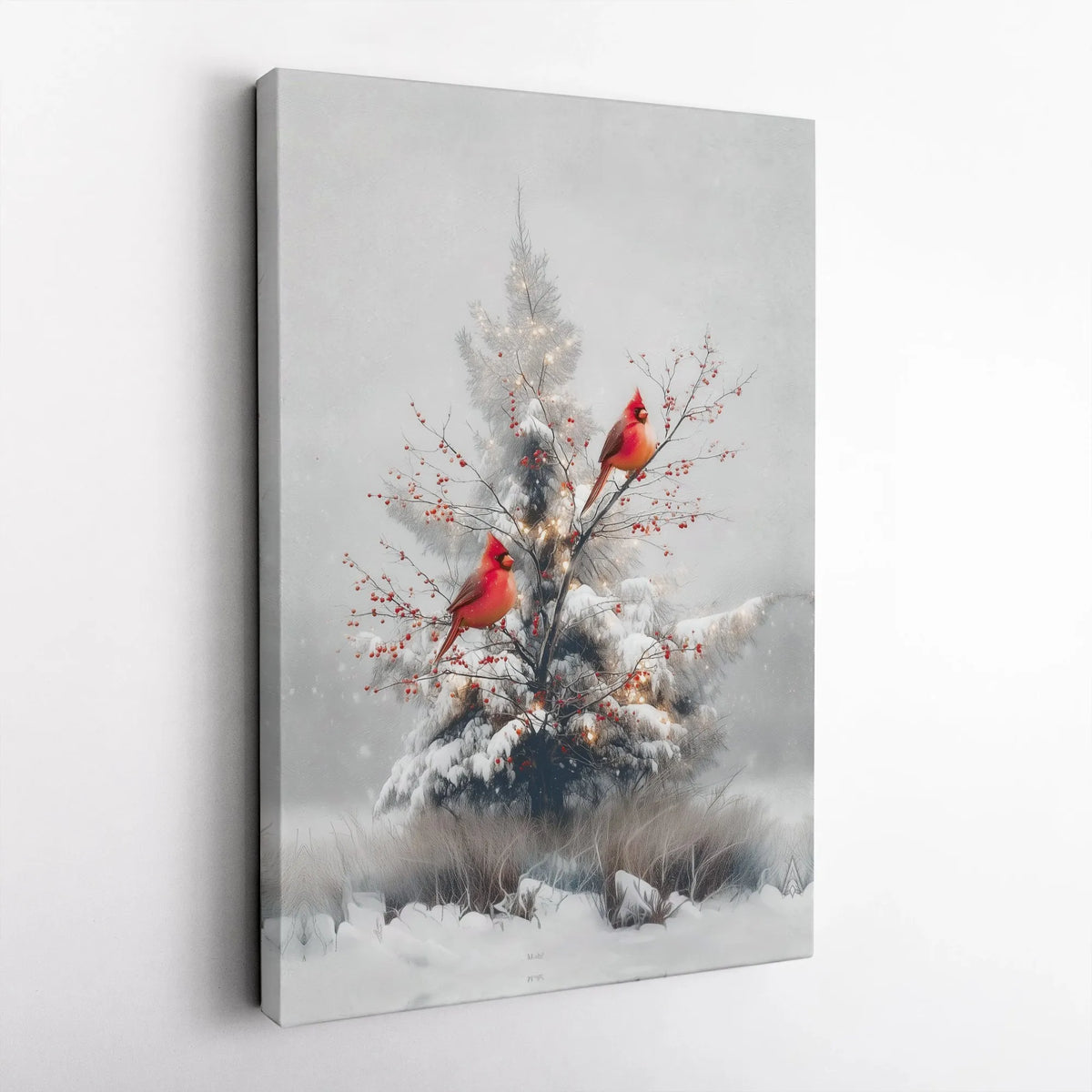 Snowy Winter Pine Tree Canvas, Red Cardinal Canvas Wall Art, Cardinal with Red Berries Canvas Print, Christmas Holiday Season
