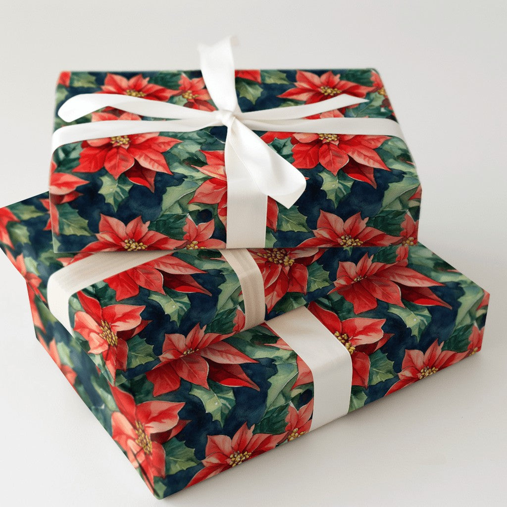 Dark Moody Floral Gift Wrap, Watercolor Poinsettia Wrapping Paper, Vintage Red Christmas Wrapping Paper, Botanical Holiday Gi
