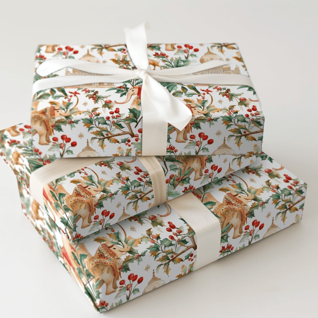 Indian Holiday Gift Wrap, Taj Mahal Christmas Wrapping Paper, Watercolor Elephant Camel Gift Wrap Roll, Multicultural Xmas Wr