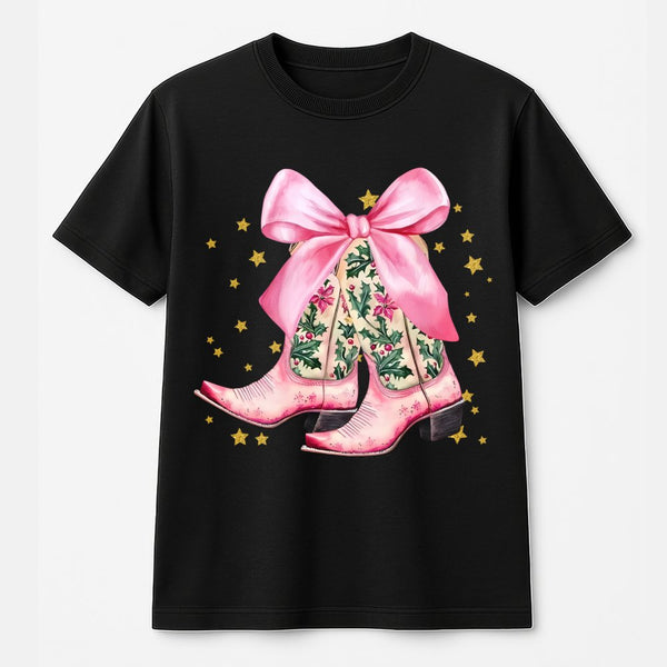 Holiday Western Aesthetic Shirt, Pink Cowboy Boots Christmas T-Shirt, Preppy Cowgirl Graphic Tee, Country Christmas Tee