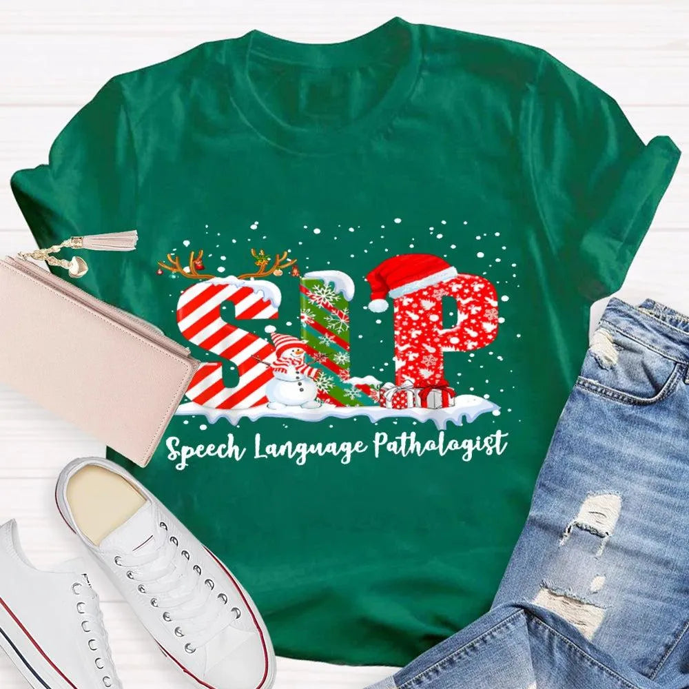 Speech Language Pathologist Tee, SLP Snowman Christmas Shirt, Holiday Speech Therapist T-Shirt, Winter SLP Graphic Tee, Speec