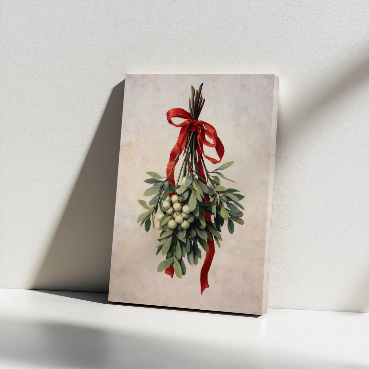 Christmas Botanical Print with Red Ribbon, Vintage Mistletoe Wall Art, Festive Holiday Poster, Digital Download Winter Wall D