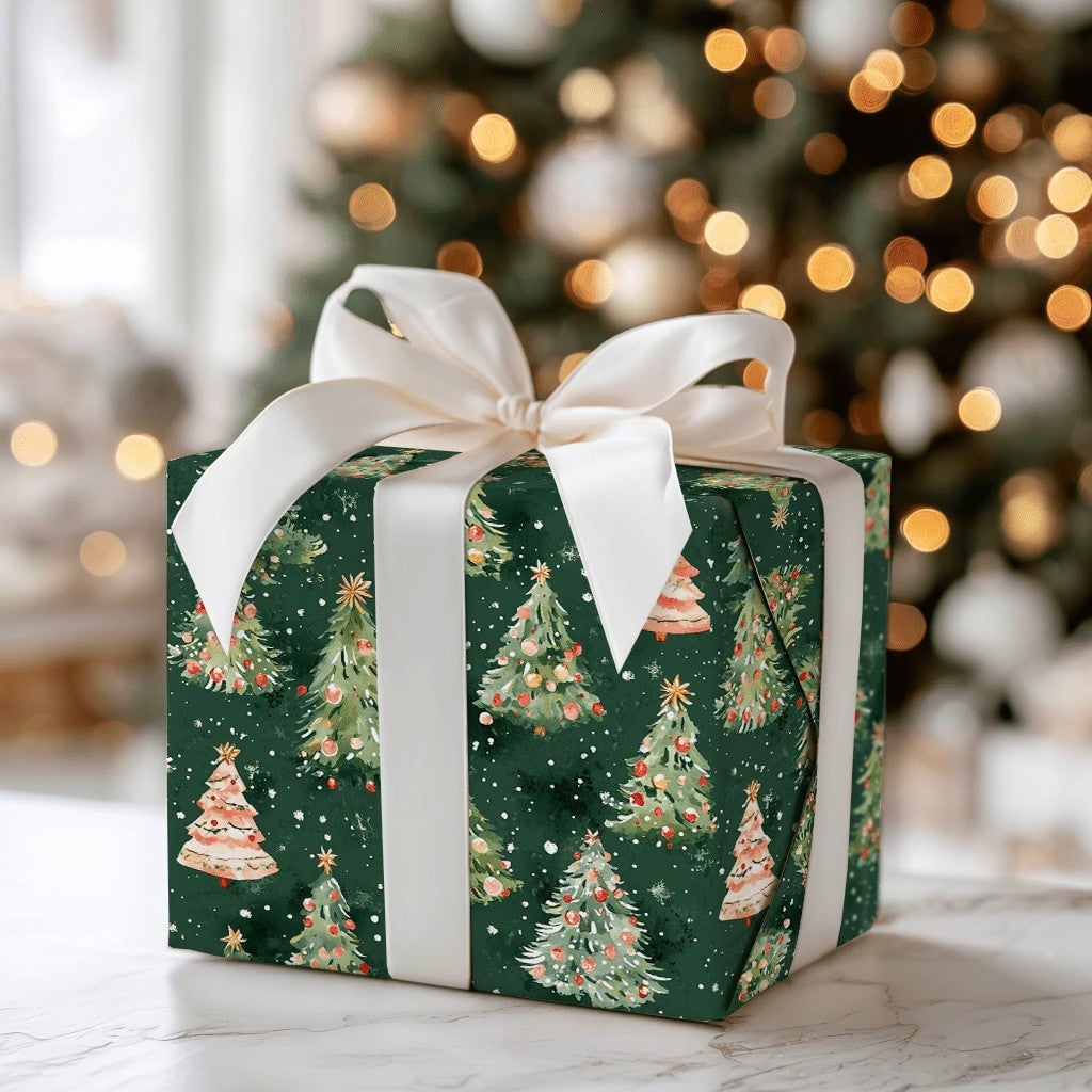Forest Tree Holiday Gift Wrap, Watercolor Christmas Tree Wrapping Paper, Snowy Winter Wrapping Paper, Festive Xmas Gift Wrap 