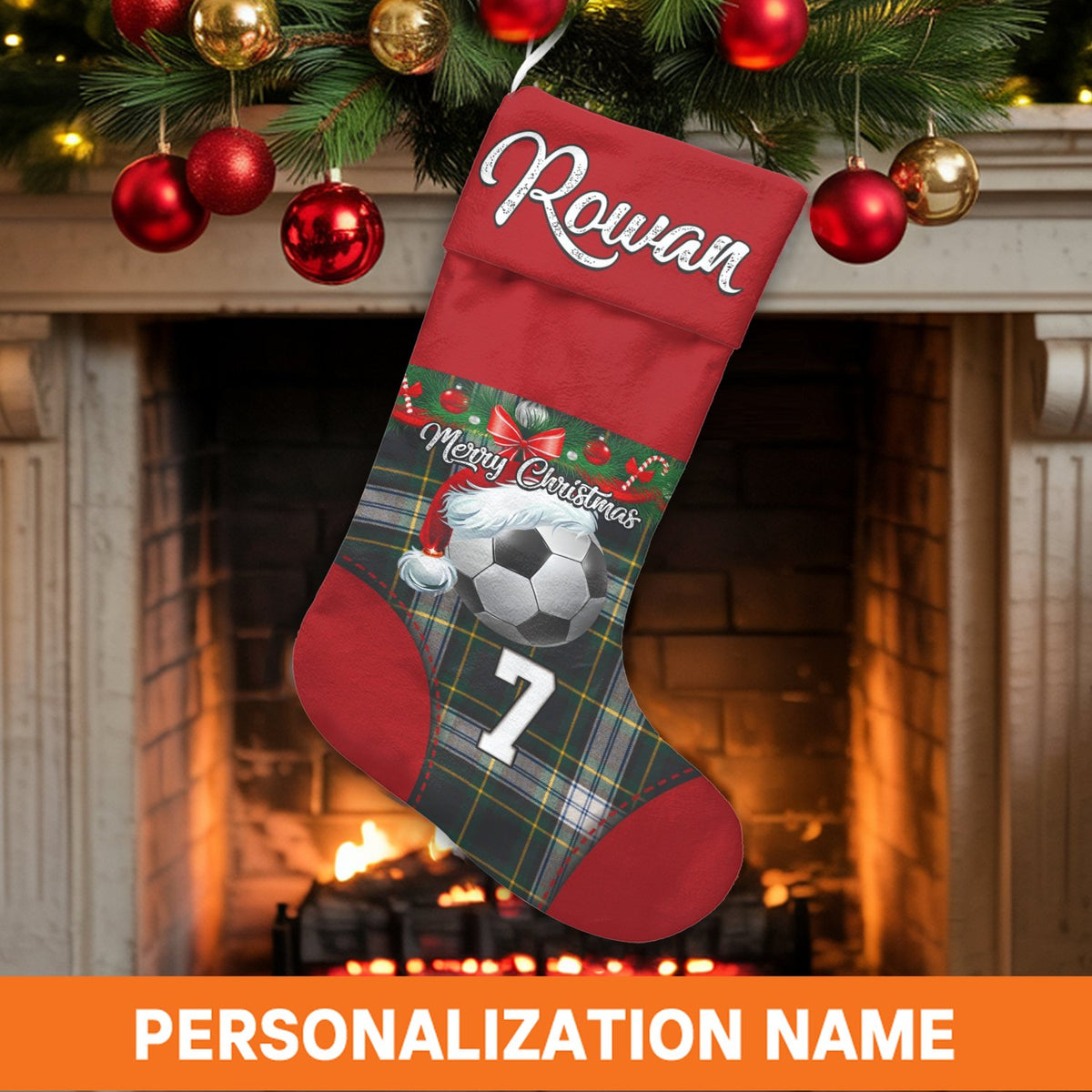 Custom Name and Jersey Number Holiday Stocking, Personalized Soccer Christmas Stocking, Plaid Xmas Stocking, Holiday Decor Pr