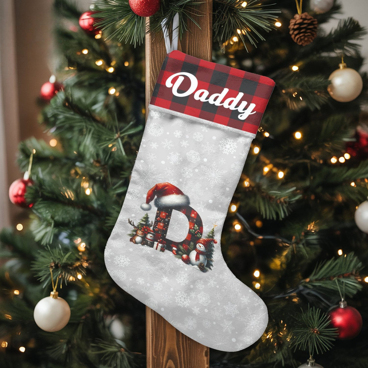 Custom Monogram Christmas Stocking, Personalized Buffalo Plaid Christmas Stocking, Rustic Holiday Stocking, Family Fireplace 