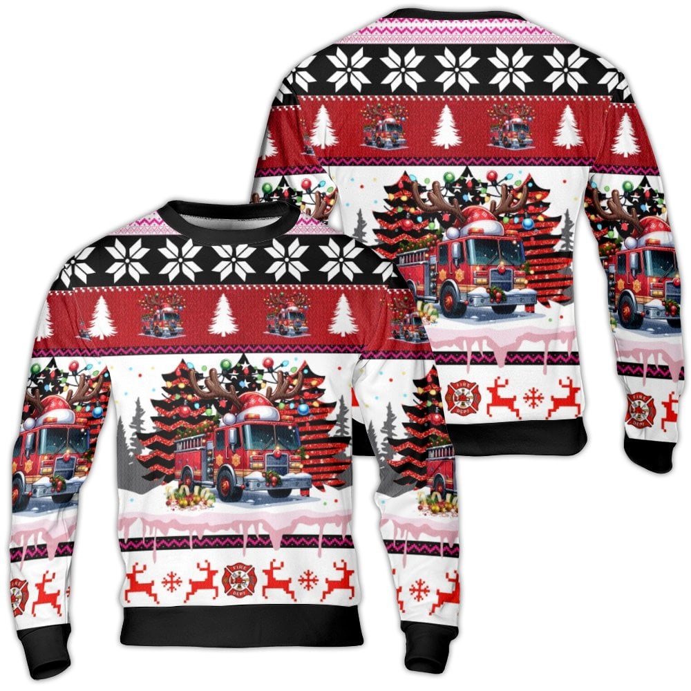 Fire Truck Holiday Sweatshirt, Firefighter Christmas Ugly Sweater, Reindeer Antlers Ugly Sweater, Festive Fireman Ugly Christ