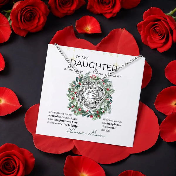 Rotating Rose Box Jewelry Set, Daughter Christmas Love Knot Necklace, Gold Finish Daughter Necklace, Holiday Keepsake Present