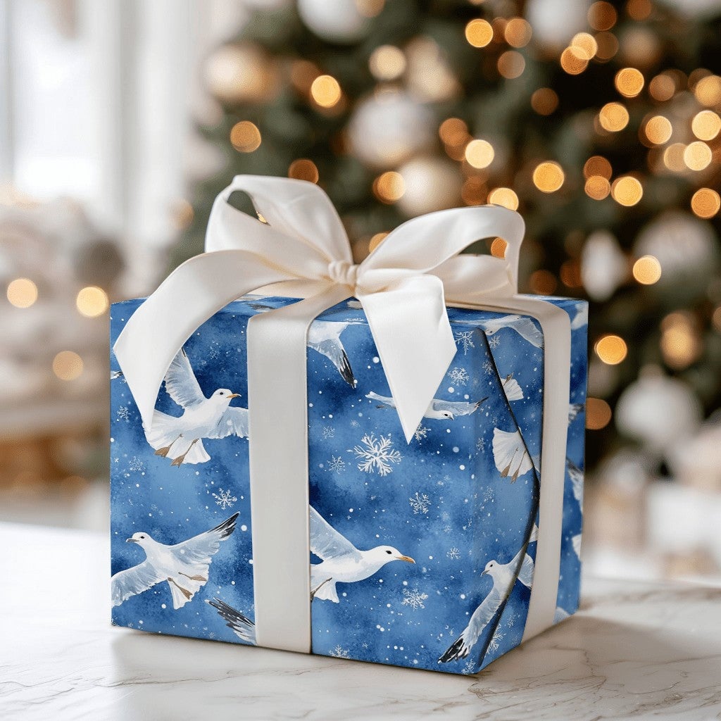 Winter Seagull Snowflake Gift Wrap, Coastal Christmas Wrapping Paper, Watercolor Nautical Wrapping Paper, Beach Holiday Xmas 