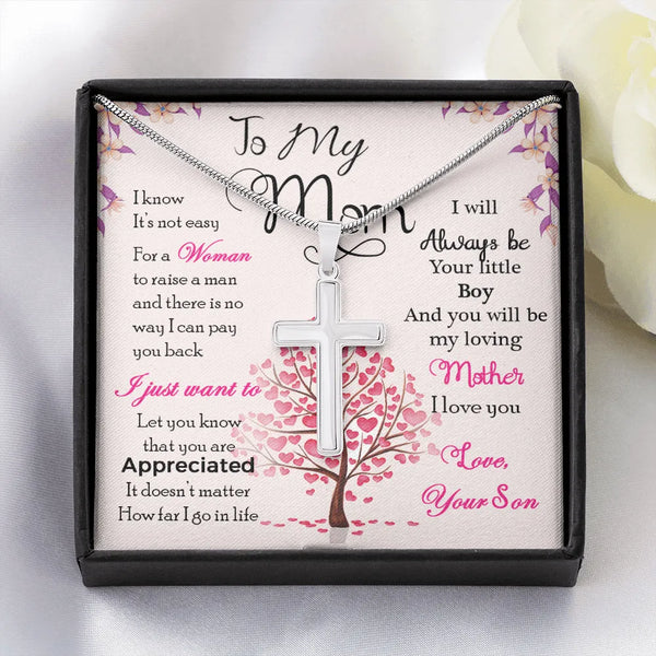 Stainless Steel Cross Necklace, Cross Necklace Present for Mom, Religious Faith Pendant, Mom Christmas Present from Son, Hear