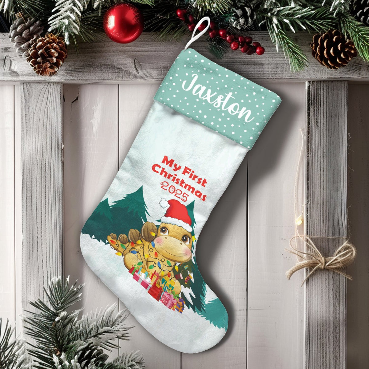 Baby First Christmas 2025 Stocking, Dinosaur Christmas Stocking, Adorable Dino Holiday Stocking, Kids Fireplace Mantel Decor,