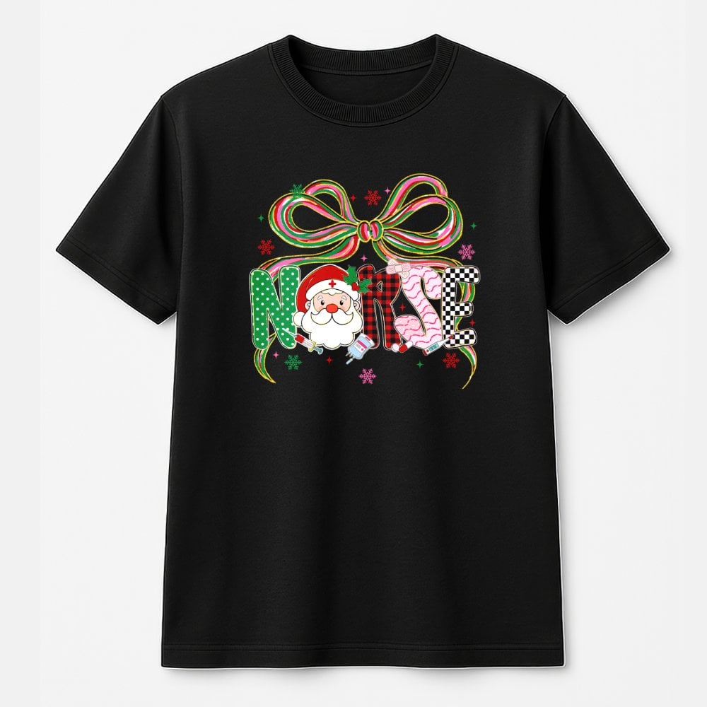Santa Coquette Bow Medical Tee, Christmas Nurse T-Shirt, Adorable Holiday Nurse Shirt, Festive Healthcare Worker T-Shirt, Nur
