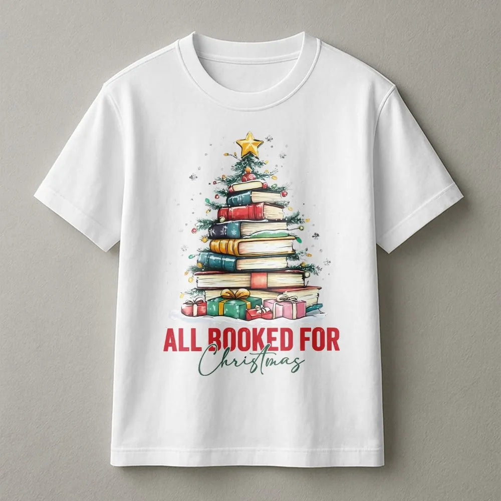 Book Stack Tree Graphic Tee, All Booked for Christmas Shirt, Holiday Bookish T-Shirt, Librarian Christmas Tee, Book Lover Hol