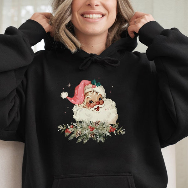 Retro Christmas Graphic Hooded Sweatshirt, Vintage Santa Hoodie, Nostalgic Santa Claus Holiday Pullover, Comfy Winter Xmas Sw