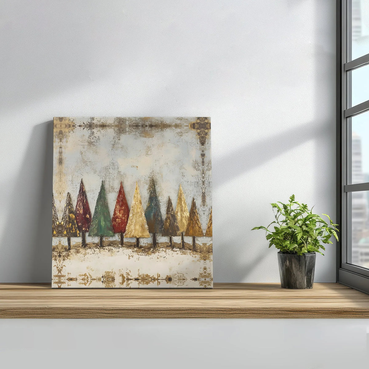 Abstract Winter Forest Canvas Print, Rustic Christmas Trees Square Wall Art, Gold Leaf Holiday Poster, Farmhouse Decor Digita